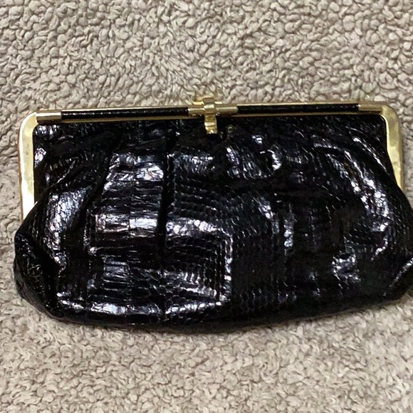 Handbags - Vintage Black Snakeskin clutch Purse tan suede interior w/2 zipper pockets Clean